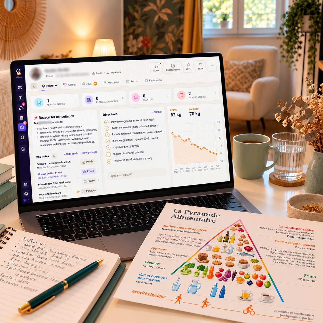 Nutrition follow-up workspace with patient tracking software and food pyramid worksheet